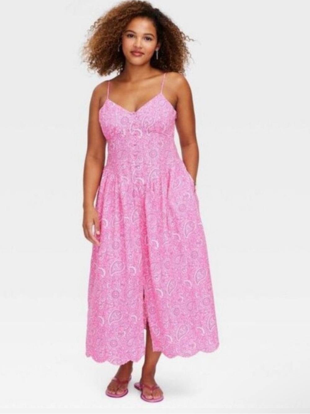 Roller Rabbit Women’s Pink Paisley Spaghetti Straps Midi Sundress with Pockets S